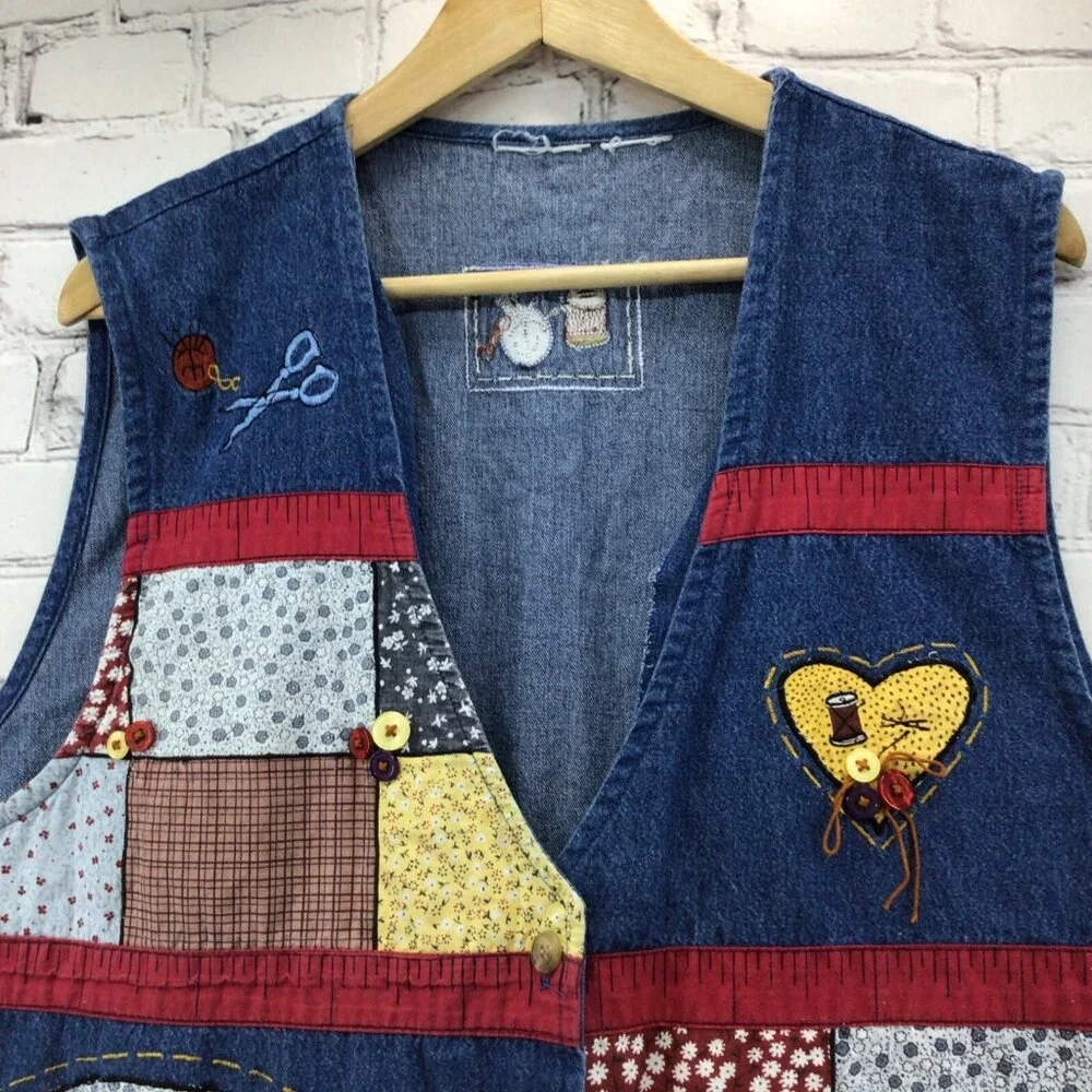 Vtg 80's Denim Vest Womens Sz‎ XL Sewing Theme Cottage Core Kitschy Grannycore